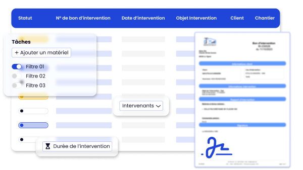 Affichage de la gestion des interventions dans le logiciel BTP